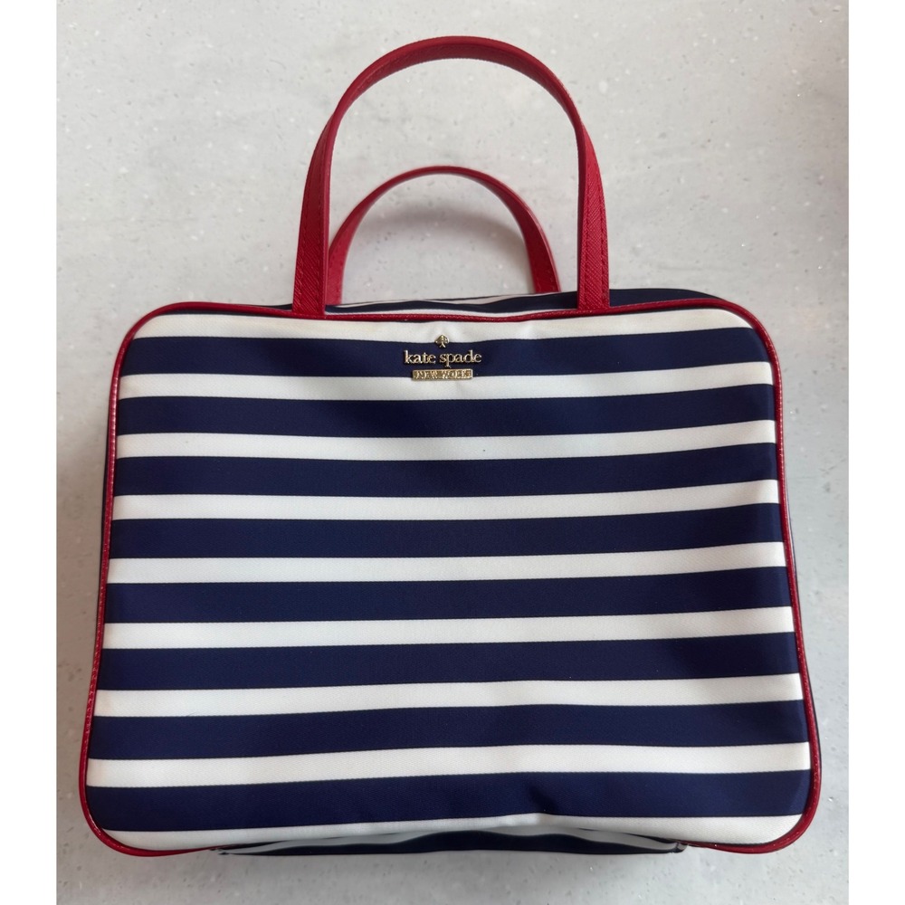 Kate Spade New York Navy White Stripe Red Trim Travel Cosmetic Makeup Bag Case